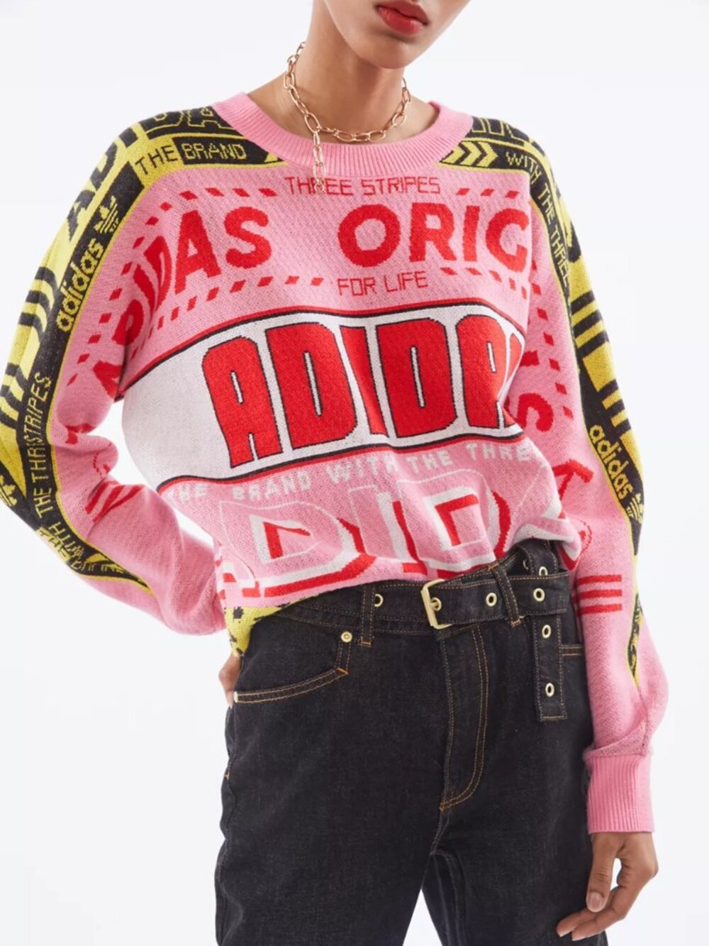 ADIDAS Intarsia Knit Sweater Pink and Yellow Small